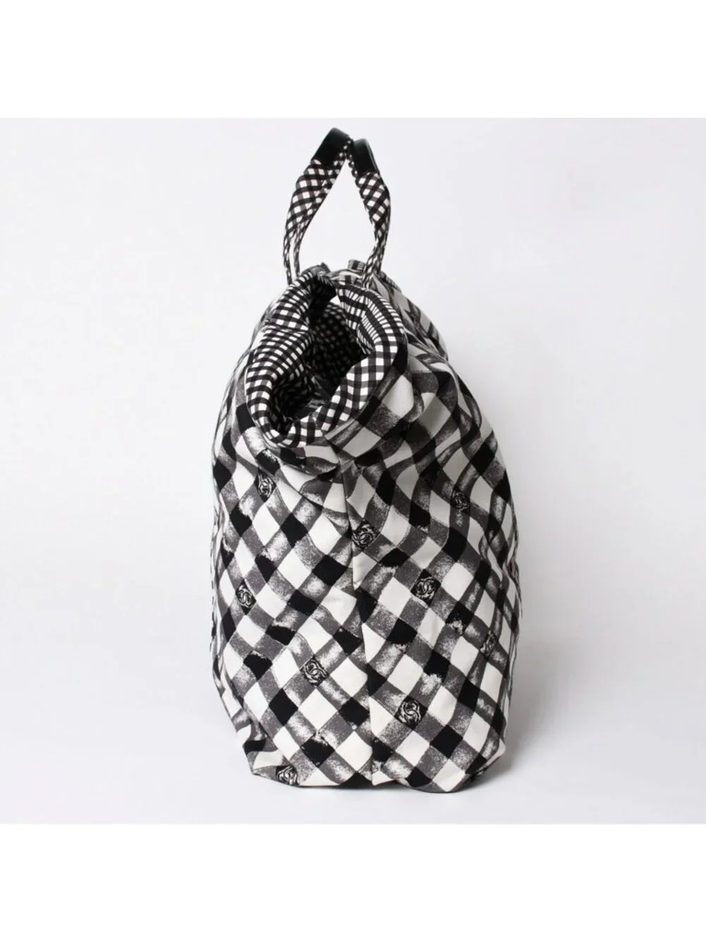 Chanel Cruise Line Gingham Check Tote Boston Bag White Black CC Logo Silver